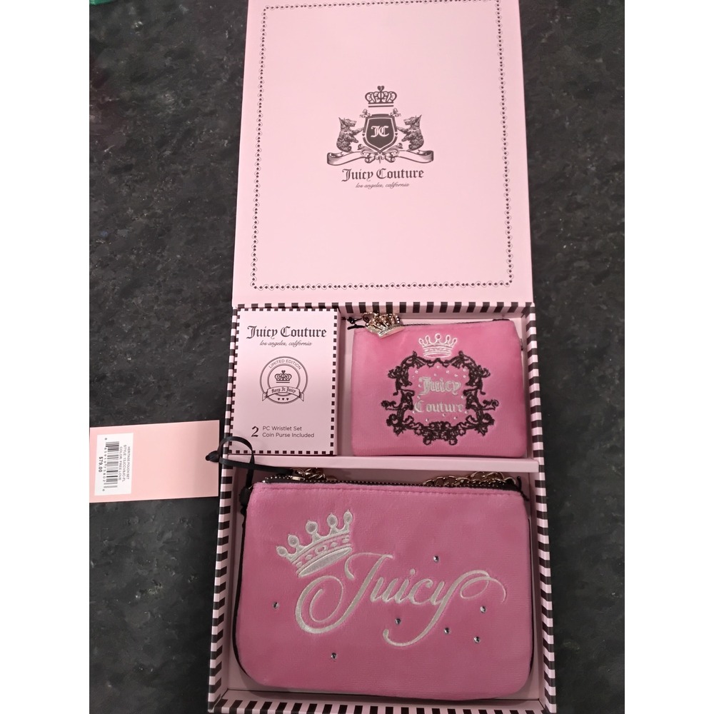 Juicy Couture Heritage Pouch Set Pink Velour Wristlet Coin Purse 13JCCVBJC NEW